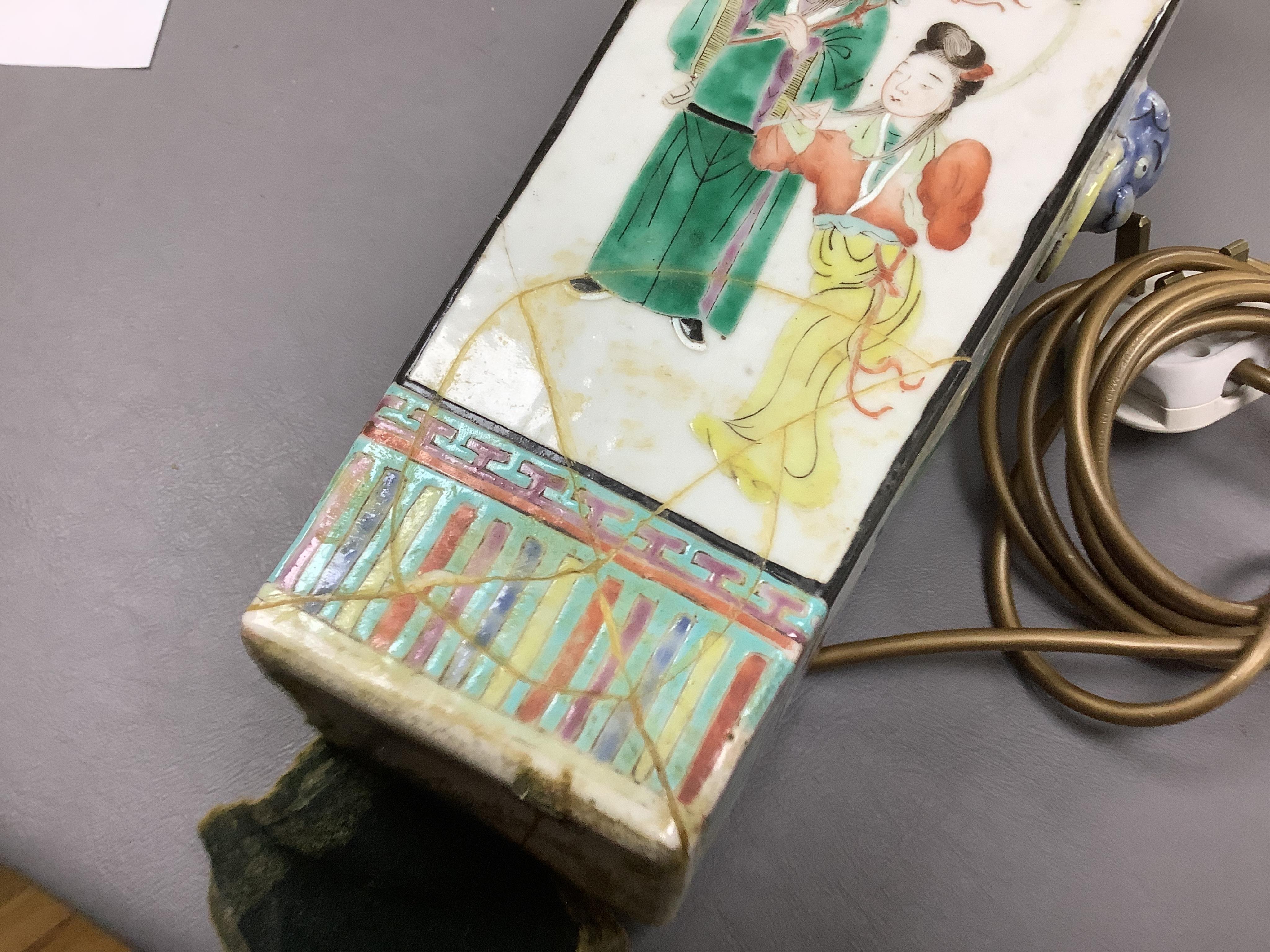 A Chinese famille rose square vase, early 20th century, mounted as a lamp, 37cm high not including light fitting.